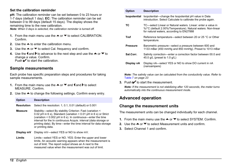 Set the calibration reminder, Sample measurements, Advanced operation | Change the measurement units | Hach-Lange SENSION+ MM378 User Manual | Page 12 / 520