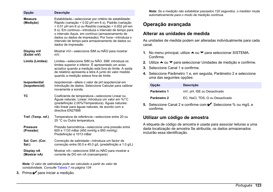 Operação avançada, Alterar as unidades de medida, Utilizar um código de amostra | Hach-Lange SENSION+ MM378 User Manual | Page 123 / 520
