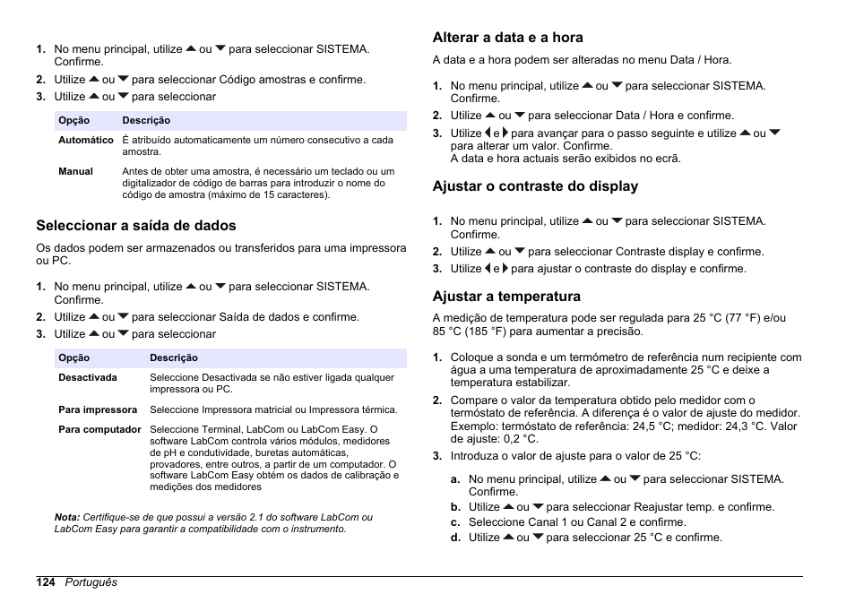 Seleccionar a saída de dados, Alterar a data e a hora, Ajustar o contraste do display | Ajustar a temperatura | Hach-Lange SENSION+ MM378 User Manual | Page 124 / 520