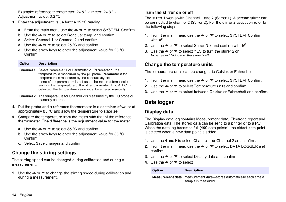 Change the stirring settings, Turn the stirrer on or off, Change the temperature units | Data logger, Display data, Stirring settings, refer to | Hach-Lange SENSION+ MM378 User Manual | Page 14 / 520