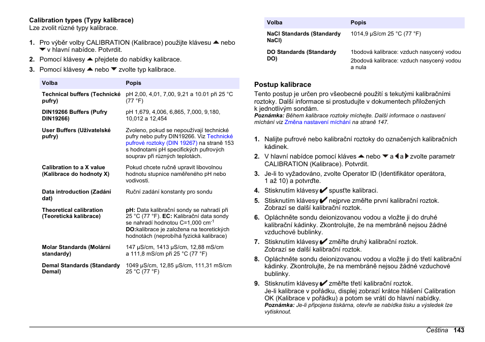 Calibration types (typy kalibrace), Postup kalibrace | Hach-Lange SENSION+ MM378 User Manual | Page 143 / 520