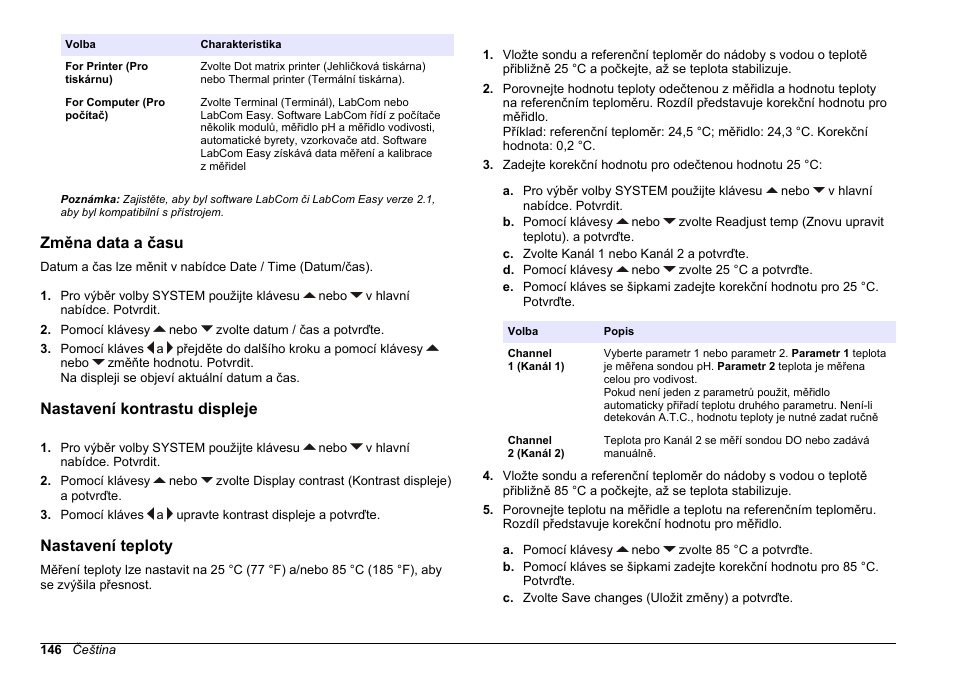 Změna data a času, Nastavení kontrastu displeje, Nastavení teploty | Hach-Lange SENSION+ MM378 User Manual | Page 146 / 520
