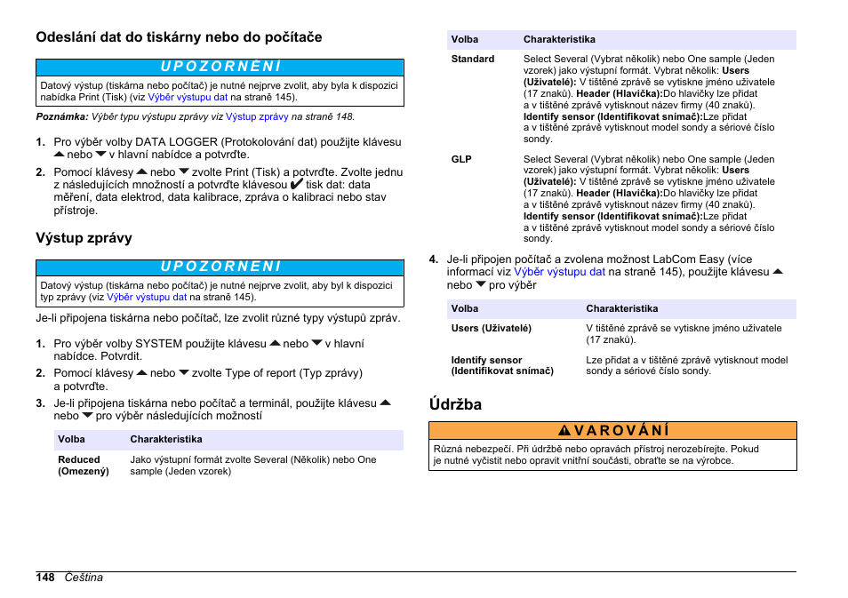 Odeslání dat do tiskárny nebo do počítače, Výstup zprávy, Údržba | Hach-Lange SENSION+ MM378 User Manual | Page 148 / 520