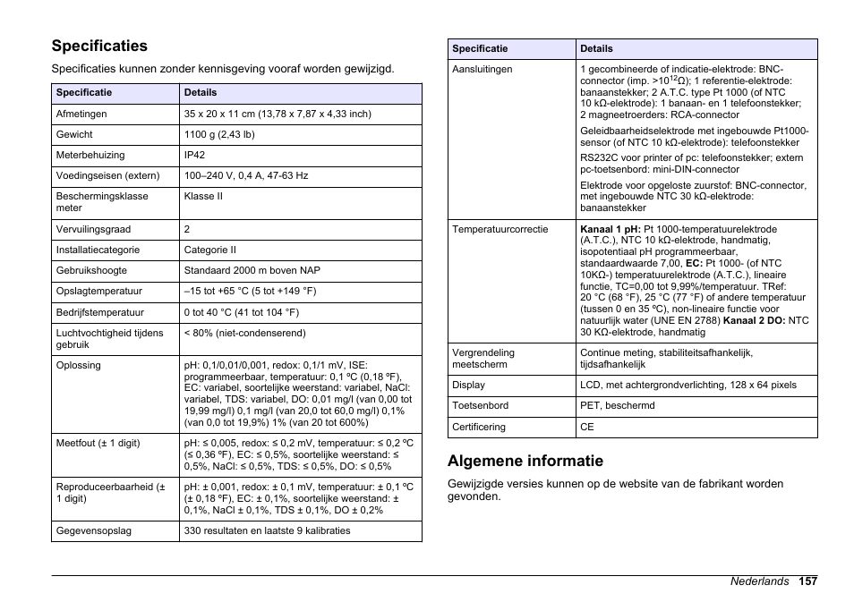 Gebruikershandleiding, Specificaties, Algemene informatie | Nederlands | Hach-Lange SENSION+ MM378 User Manual | Page 157 / 520