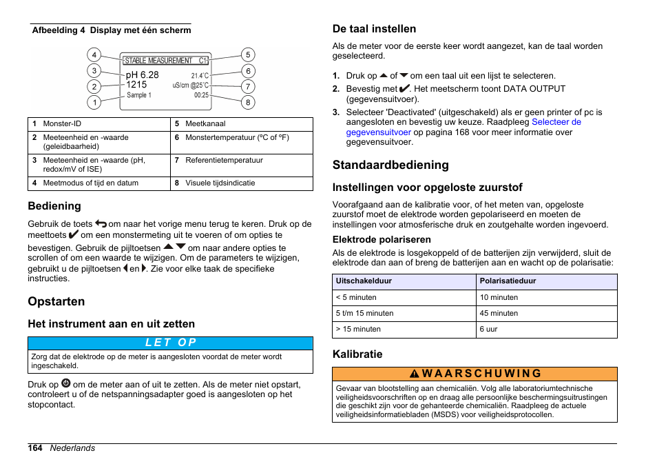 Bediening, Opstarten, Het instrument aan en uit zetten | De taal instellen, Standaardbediening, Instellingen voor opgeloste zuurstof, Elektrode polariseren, Kalibratie | Hach-Lange SENSION+ MM378 User Manual | Page 164 / 520