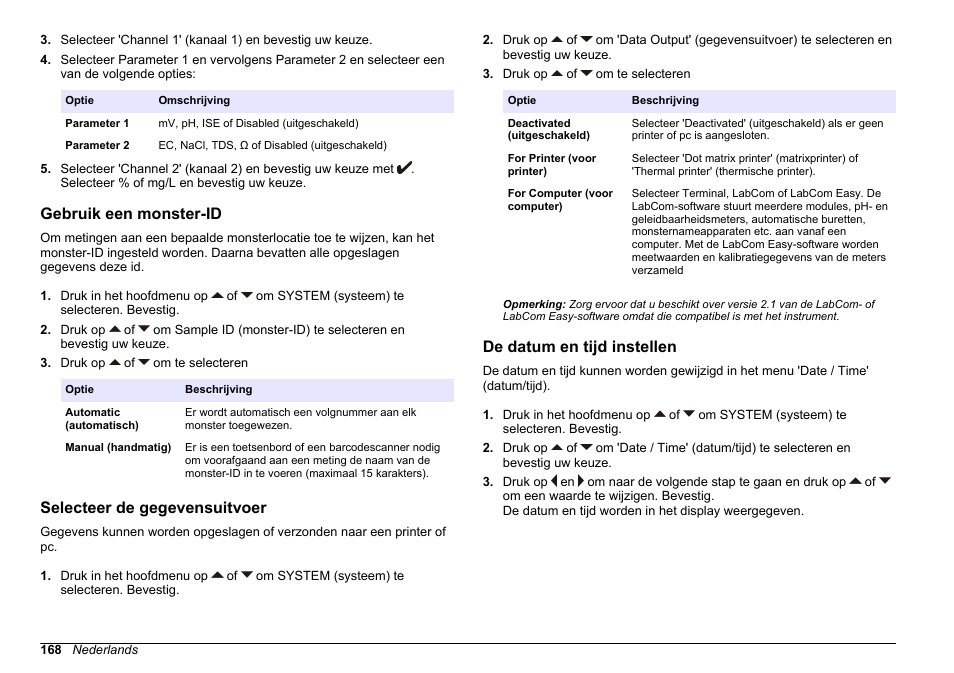 Gebruik een monster-id, Selecteer de gegevensuitvoer, De datum en tijd instellen | Hach-Lange SENSION+ MM378 User Manual | Page 168 / 520