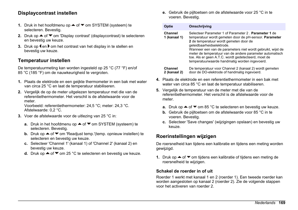 Displaycontrast instellen, Temperatuur instellen, Roerinstellingen wijzigen | Schakel de roerder in of uit | Hach-Lange SENSION+ MM378 User Manual | Page 169 / 520