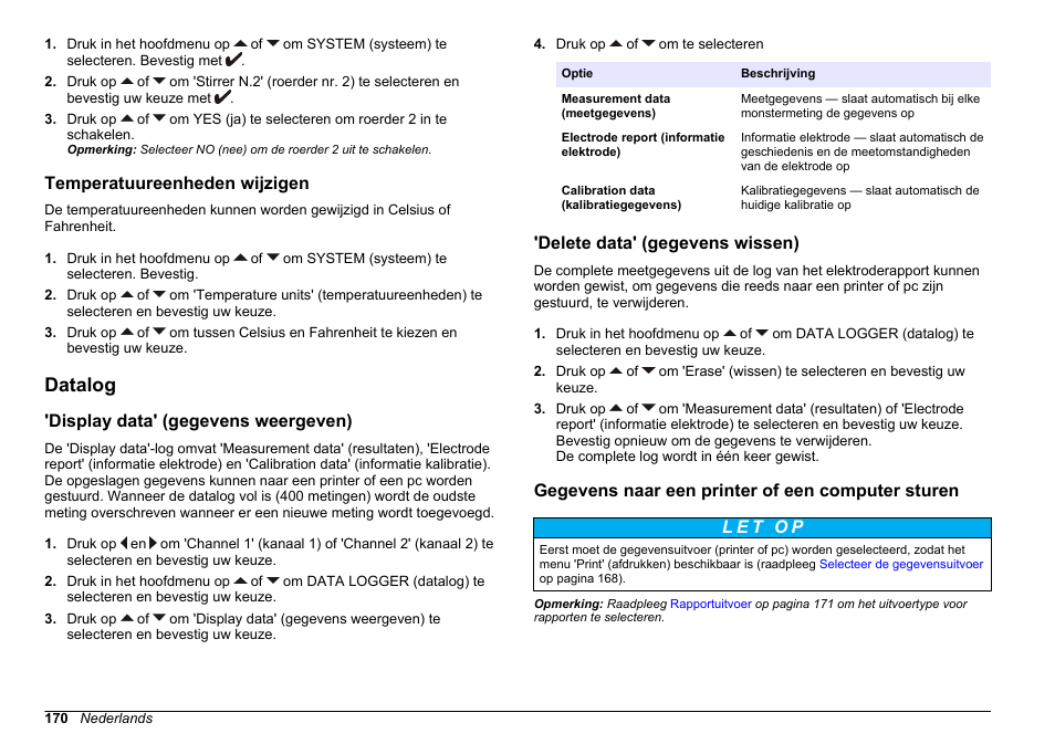 Temperatuureenheden wijzigen, Datalog, Display data' (gegevens weergeven) | Delete data' (gegevens wissen), Gegevens naar een printer of een computer sturen | Hach-Lange SENSION+ MM378 User Manual | Page 170 / 520