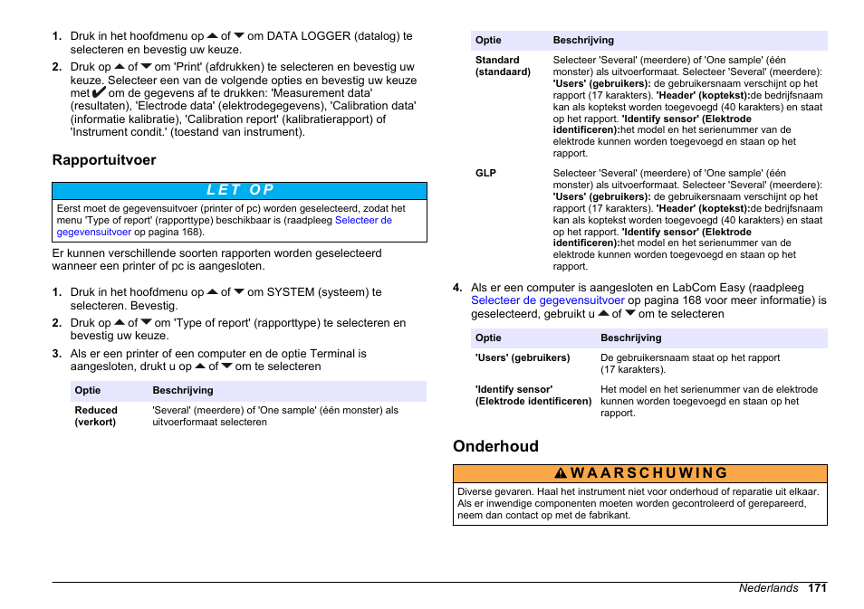 Rapportuitvoer, Onderhoud | Hach-Lange SENSION+ MM378 User Manual | Page 171 / 520