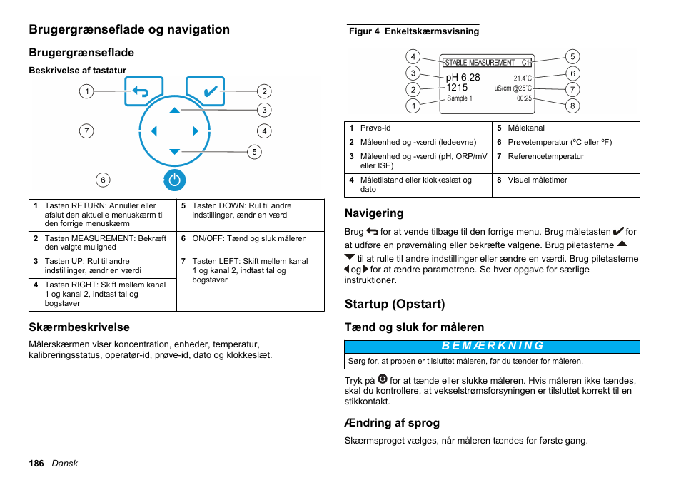 Brugergrænseflade og navigation, Brugergrænseflade, Skærmbeskrivelse | Navigering, Startup (opstart), Tænd og sluk for måleren, Ændring af sprog | Hach-Lange SENSION+ MM378 User Manual | Page 186 / 520