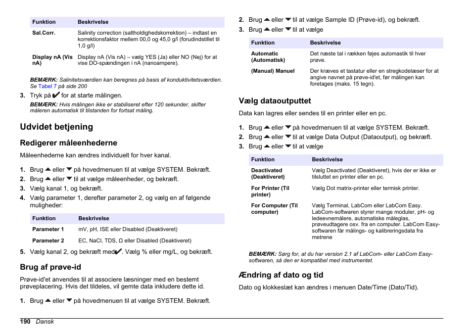 Udvidet betjening, Redigerer måleenhederne, Brug af prøve-id | Vælg dataoutputtet, Ændring af dato og tid | Hach-Lange SENSION+ MM378 User Manual | Page 190 / 520