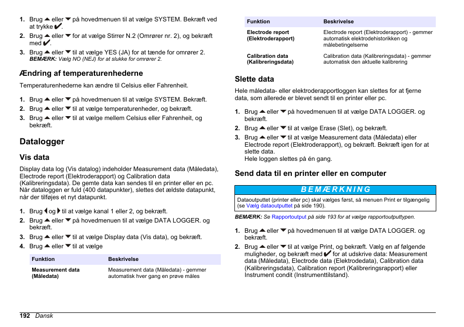 Ændring af temperaturenhederne, Datalogger, Vis data | Slette data, Send data til en printer eller en computer | Hach-Lange SENSION+ MM378 User Manual | Page 192 / 520
