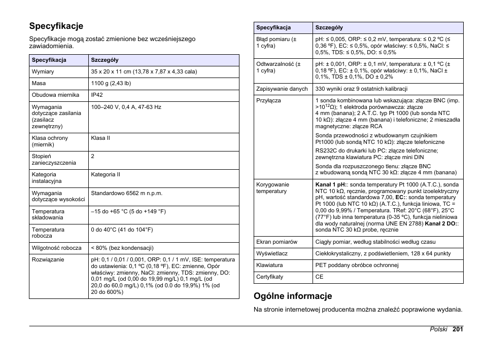 Instrukcja obsługi, Specyfikacje, Ogólne informacje | Polski | Hach-Lange SENSION+ MM378 User Manual | Page 201 / 520
