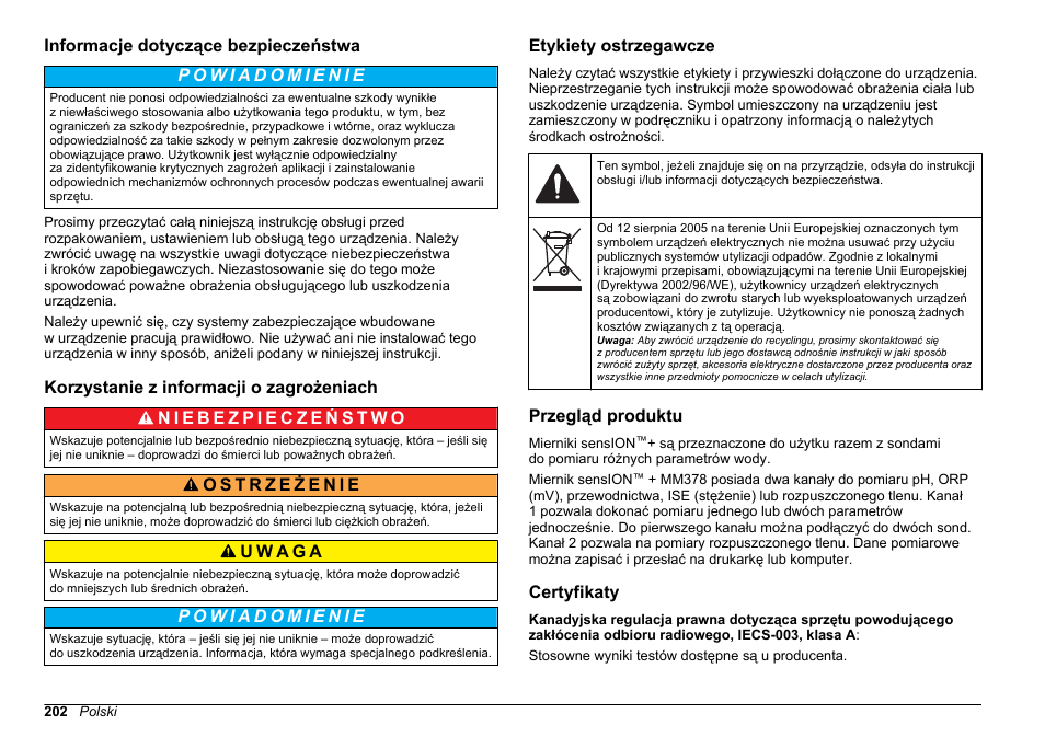 Informacje dotyczące bezpieczeństwa, Korzystanie z informacji o zagrożeniach, Etykiety ostrzegawcze | Przegląd produktu, Certyfikaty | Hach-Lange SENSION+ MM378 User Manual | Page 202 / 520