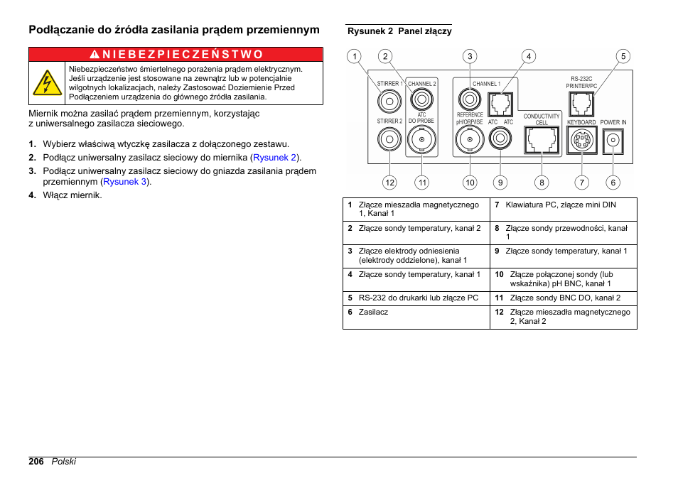 Podłączanie do źródła zasilania prądem przemiennym | Hach-Lange SENSION+ MM378 User Manual | Page 206 / 520