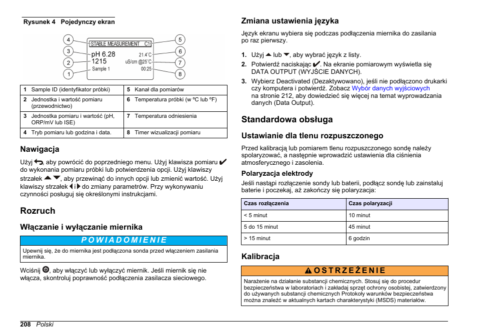 Nawigacja, Rozruch, Włączanie i wyłączanie miernika | Zmiana ustawienia języka, Standardowa obsługa, Ustawianie dla tlenu rozpuszczonego, Polaryzacja elektrody, Kalibracja | Hach-Lange SENSION+ MM378 User Manual | Page 208 / 520