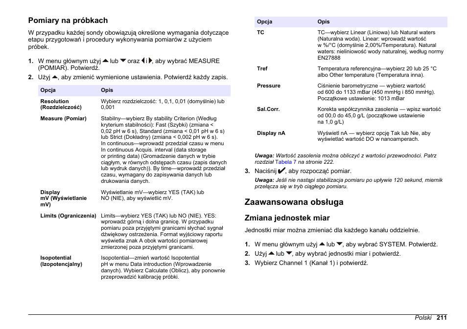 Pomiary na próbkach, Zaawansowana obsługa, Zmiana jednostek miar | Hach-Lange SENSION+ MM378 User Manual | Page 211 / 520