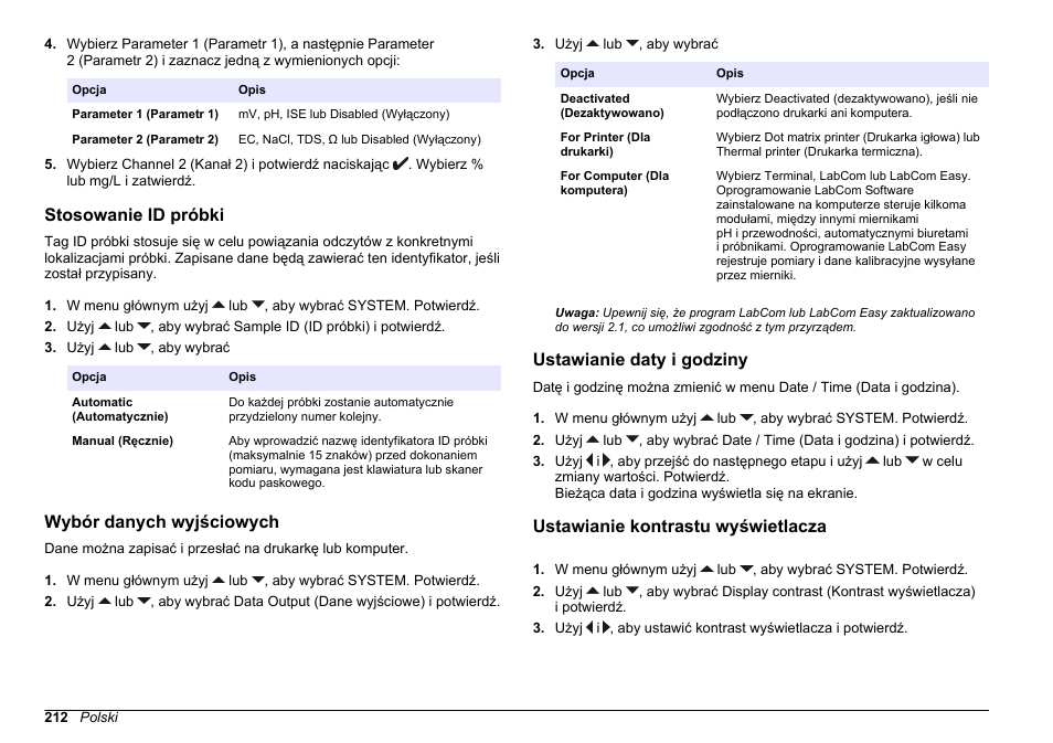 Stosowanie id próbki, Wybór danych wyjściowych, Ustawianie daty i godziny | Ustawianie kontrastu wyświetlacza | Hach-Lange SENSION+ MM378 User Manual | Page 212 / 520