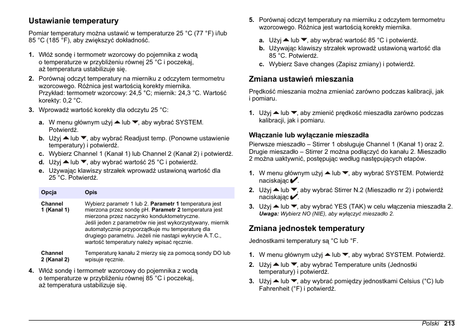 Ustawianie temperatury, Zmiana ustawień mieszania, Włączanie lub wyłączanie mieszadła | Zmiana jednostek temperatury | Hach-Lange SENSION+ MM378 User Manual | Page 213 / 520