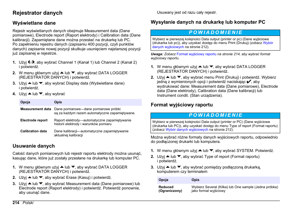 Rejestrator danych, Wyświetlane dane, Usuwanie danych | Wysyłanie danych na drukarkę lub komputer pc, Format wyjściowy raportu | Hach-Lange SENSION+ MM378 User Manual | Page 214 / 520