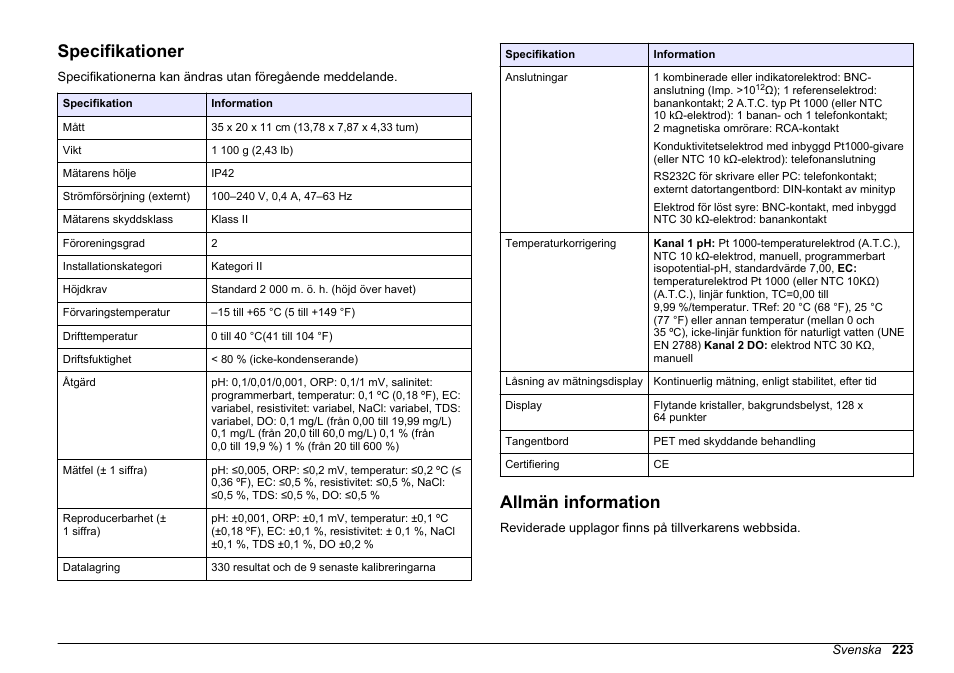 Bruksanvisning, Specifikationer, Allmän information | Svenska | Hach-Lange SENSION+ MM378 User Manual | Page 223 / 520