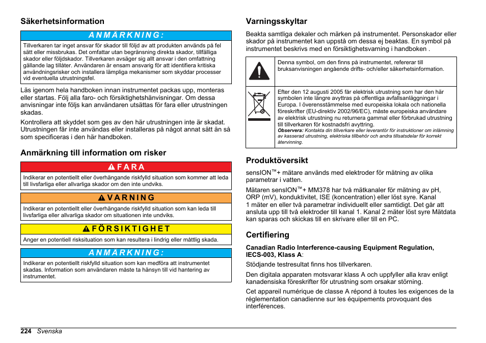 Säkerhetsinformation, Anmärkning till information om risker, Varningsskyltar | Produktöversikt, Certifiering | Hach-Lange SENSION+ MM378 User Manual | Page 224 / 520