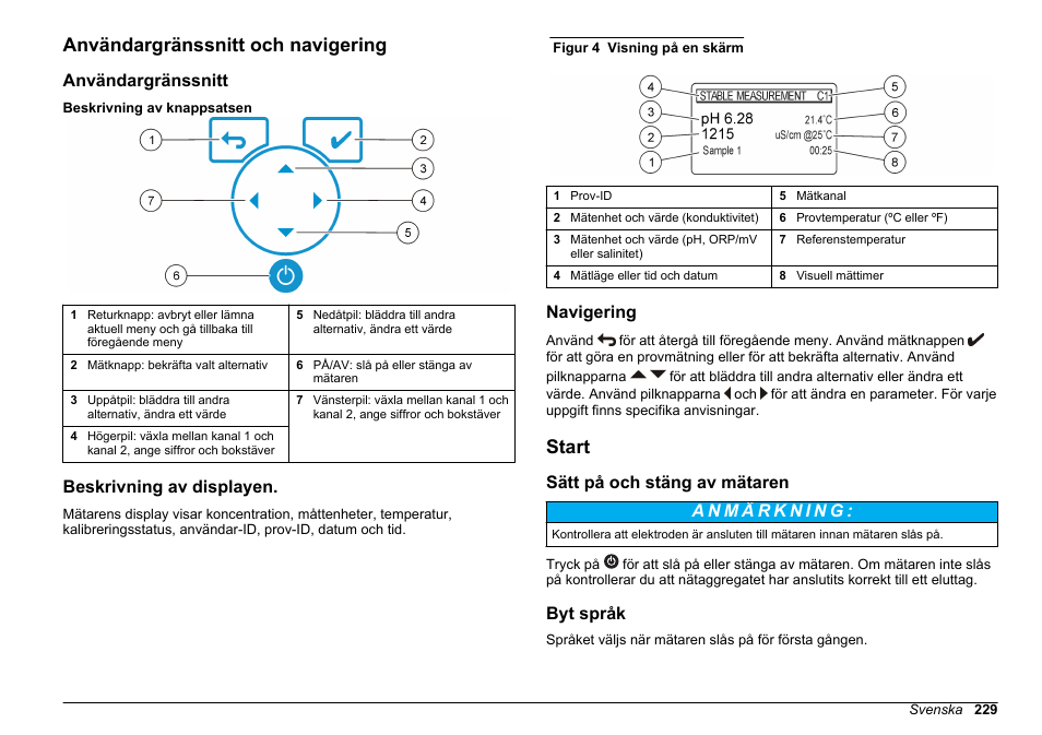Användargränssnitt och navigering, Användargränssnitt, Beskrivning av displayen | Navigering, Start, Sätt på och stäng av mätaren, Byt språk | Hach-Lange SENSION+ MM378 User Manual | Page 229 / 520