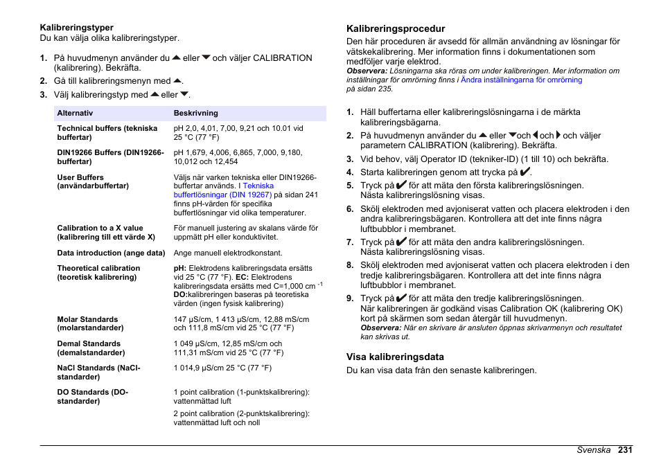 Kalibreringstyper, Kalibreringsprocedur, Visa kalibreringsdata | Hach-Lange SENSION+ MM378 User Manual | Page 231 / 520