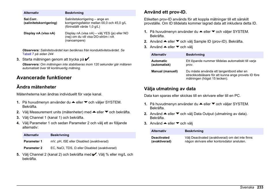 Avancerade funktioner, Ändra mätenheter, Använd ett prov-id | Välja utmatning av data, På sidan 233 | Hach-Lange SENSION+ MM378 User Manual | Page 233 / 520