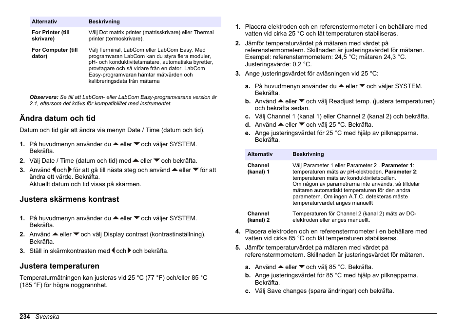 Ändra datum och tid, Justera skärmens kontrast, Justera temperaturen | Hach-Lange SENSION+ MM378 User Manual | Page 234 / 520