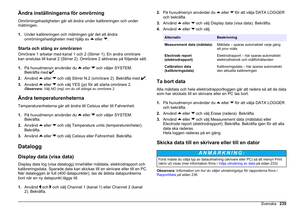 Ändra inställningarna för omrörning, Starta och stäng av omröraren, Ändra temperaturenheterna | Datalogg, Display data (visa data), Ta bort data, Skicka data till en skrivare eller till en dator | Hach-Lange SENSION+ MM378 User Manual | Page 235 / 520