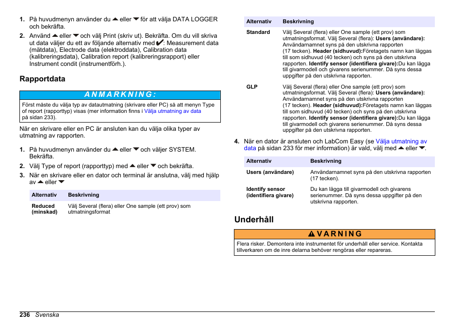 Rapportdata, Underhåll | Hach-Lange SENSION+ MM378 User Manual | Page 236 / 520
