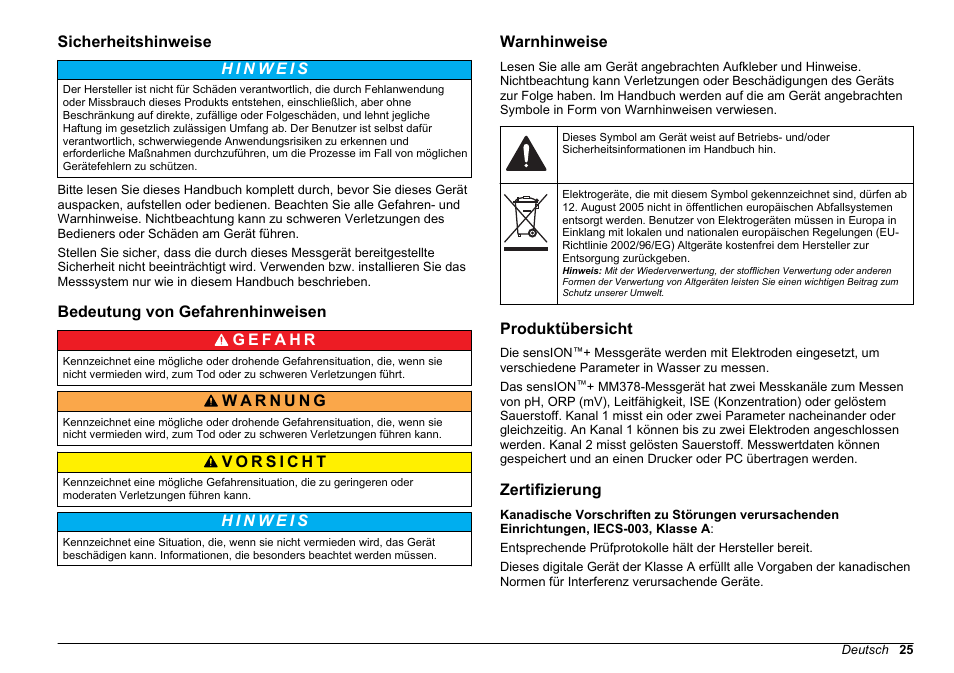 Sicherheitshinweise, Bedeutung von gefahrenhinweisen, Warnhinweise | Produktübersicht, Zertifizierung | Hach-Lange SENSION+ MM378 User Manual | Page 25 / 520