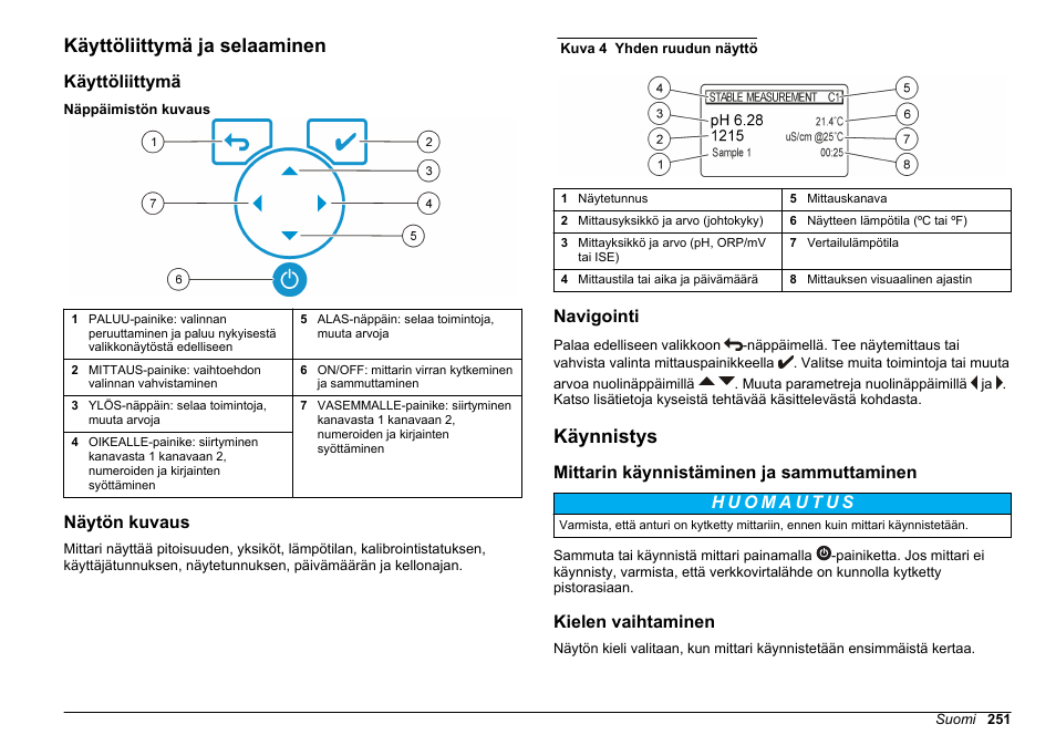 Käyttöliittymä ja selaaminen, Käyttöliittymä, Näytön kuvaus | Navigointi, Käynnistys, Mittarin käynnistäminen ja sammuttaminen, Kielen vaihtaminen | Hach-Lange SENSION+ MM378 User Manual | Page 251 / 520