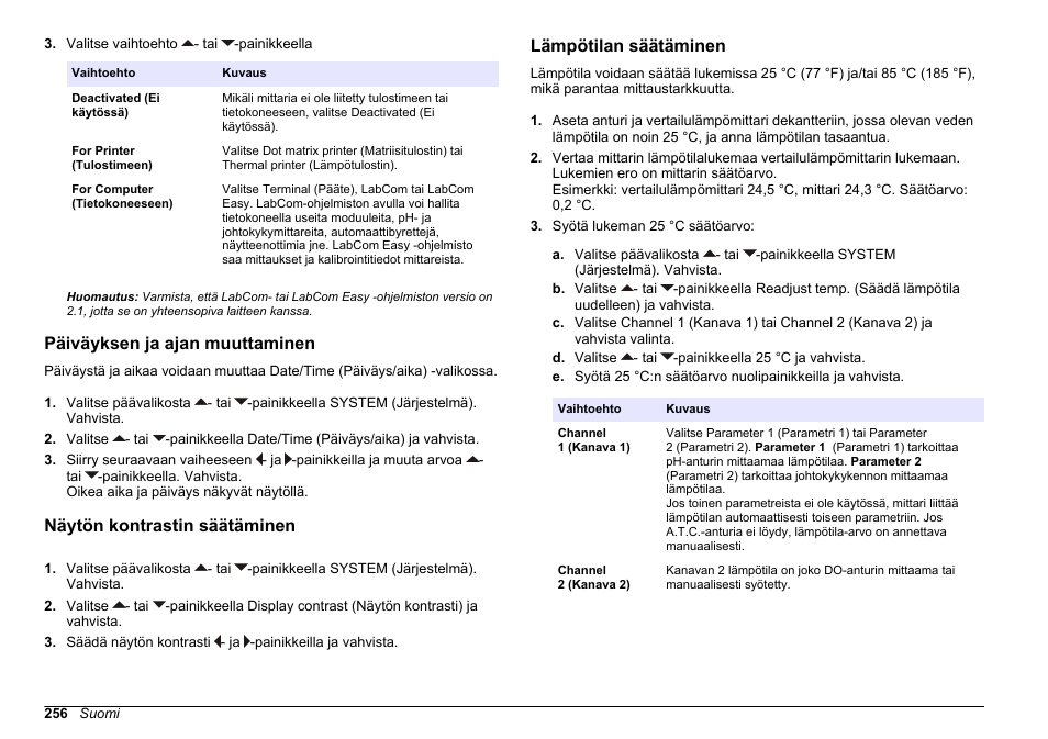 Päiväyksen ja ajan muuttaminen, Näytön kontrastin säätäminen, Lämpötilan säätäminen | Hach-Lange SENSION+ MM378 User Manual | Page 256 / 520