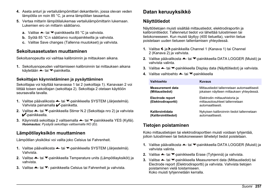 Sekoitusasetusten muuttaminen, Sekoittajan käynnistäminen ja pysäyttäminen, Lämpötilayksikön muuttaminen | Datan keruuyksikkö, Näyttötiedot, Tietojen poistaminen | Hach-Lange SENSION+ MM378 User Manual | Page 257 / 520