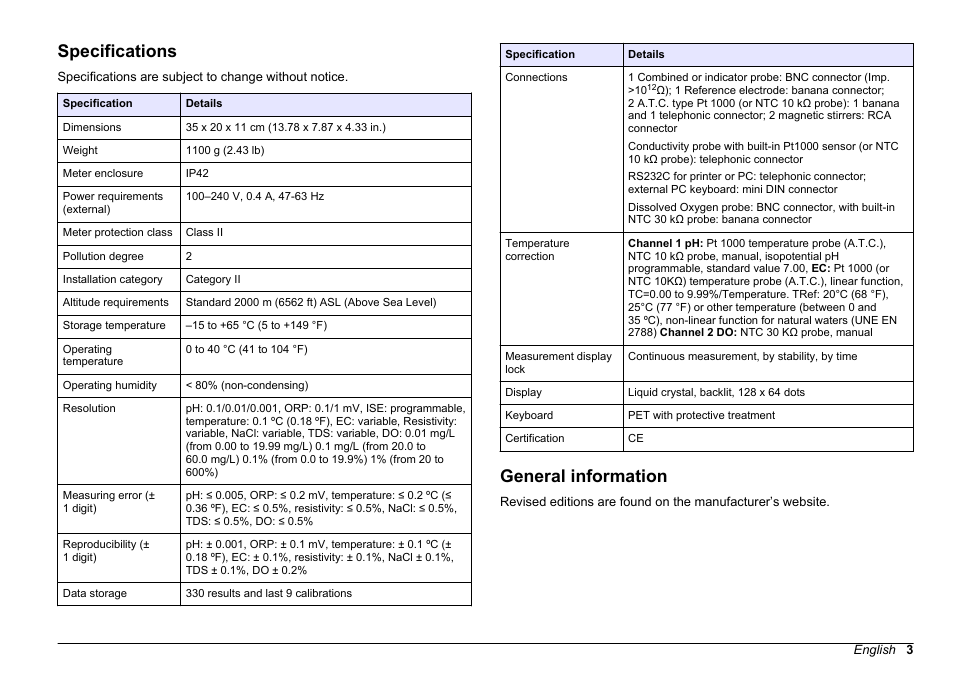 User manual, Specifications, General information | English | Hach-Lange SENSION+ MM378 User Manual | Page 3 / 520