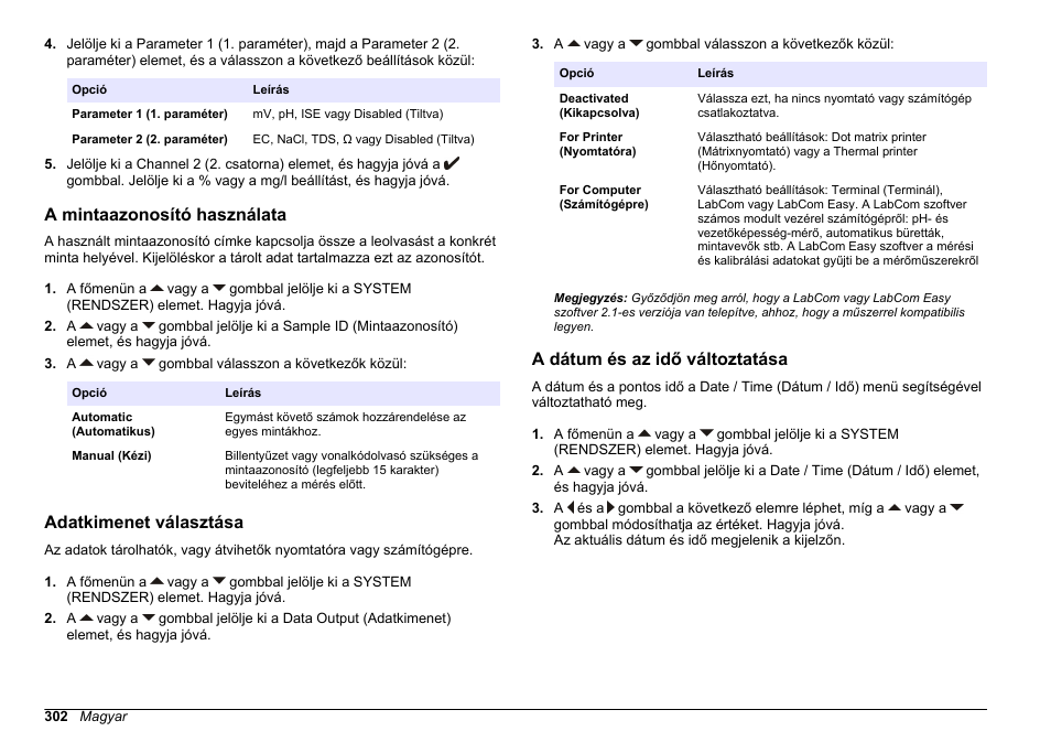 A mintaazonosító használata, Adatkimenet választása, A dátum és az idő változtatása | Hach-Lange SENSION+ MM378 User Manual | Page 302 / 520