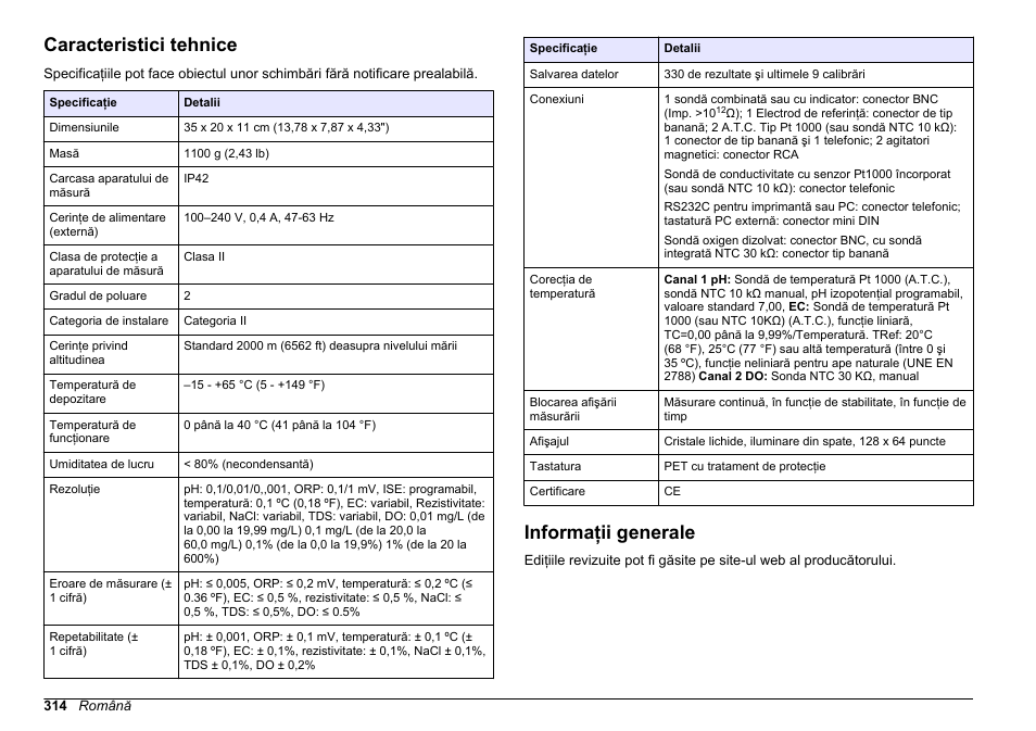 Manual de utilizare, Caracteristici tehnice, Informaţii generale | Română | Hach-Lange SENSION+ MM378 User Manual | Page 314 / 520