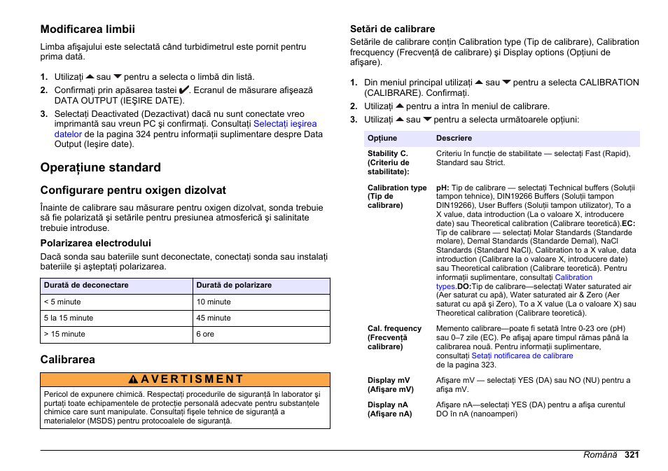 Modificarea limbii, Operaţiune standard, Configurare pentru oxigen dizolvat | Polarizarea electrodului, Calibrarea, Setări de calibrare | Hach-Lange SENSION+ MM378 User Manual | Page 321 / 520