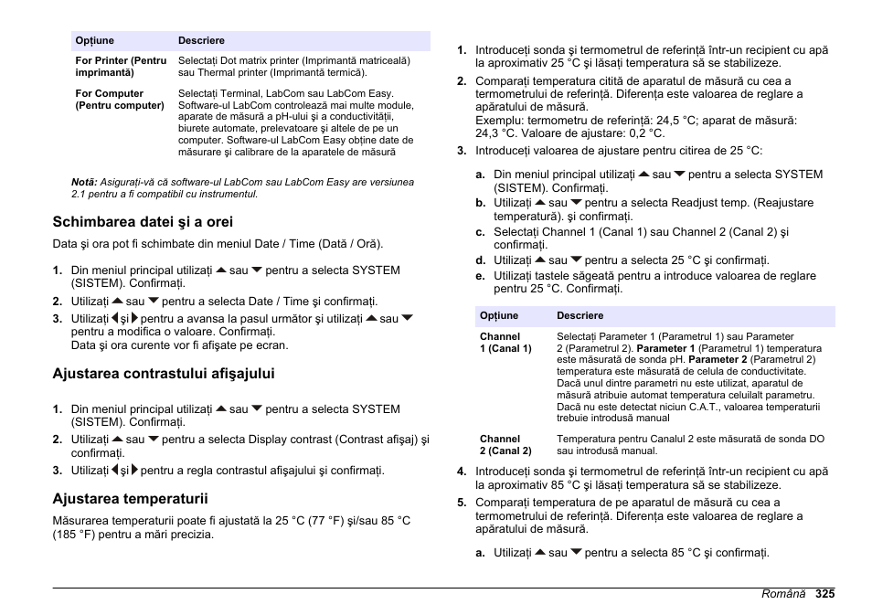 Schimbarea datei şi a orei, Ajustarea contrastului afişajului, Ajustarea temperaturii | Hach-Lange SENSION+ MM378 User Manual | Page 325 / 520
