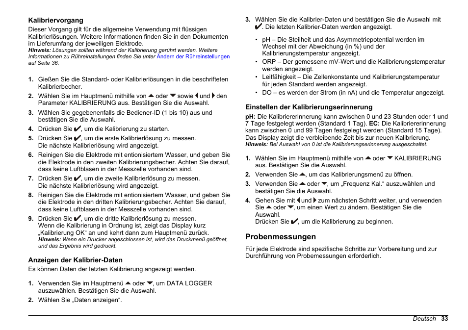 Kalibriervorgang, Anzeigen der kalibrier-daten, Einstellen der kalibrierungserinnerung | Probenmessungen, Weitere informationen finden sie unter, Einstellen der, Kalibrierungserinnerung | Hach-Lange SENSION+ MM378 User Manual | Page 33 / 520