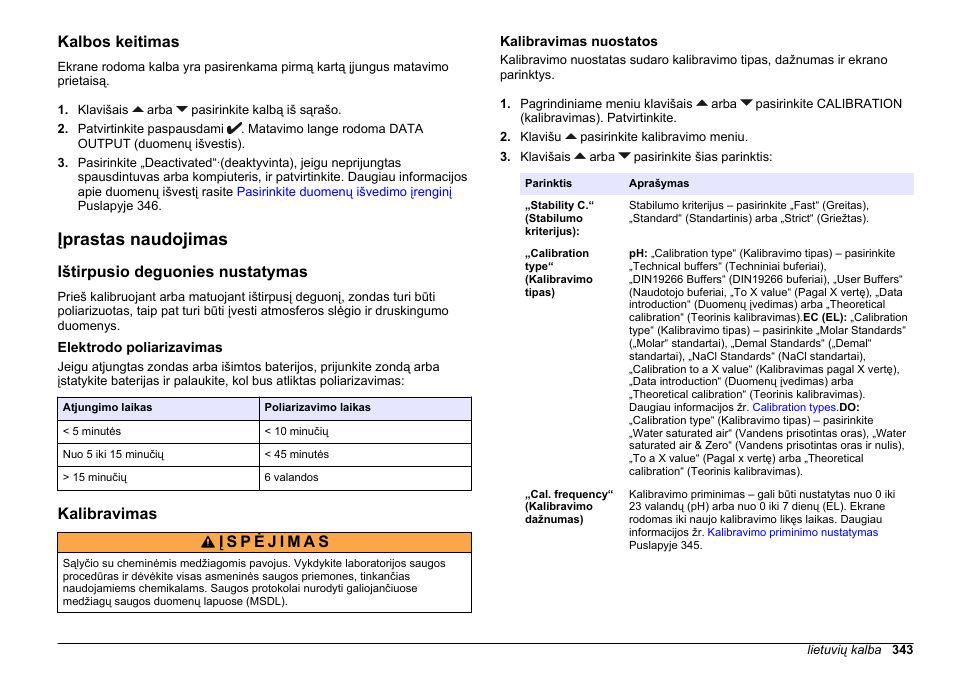 Kalbos keitimas, Įprastas naudojimas, Ištirpusio deguonies nustatymas | Elektrodo poliarizavimas, Kalibravimas, Kalibravimas nuostatos | Hach-Lange SENSION+ MM378 User Manual | Page 343 / 520