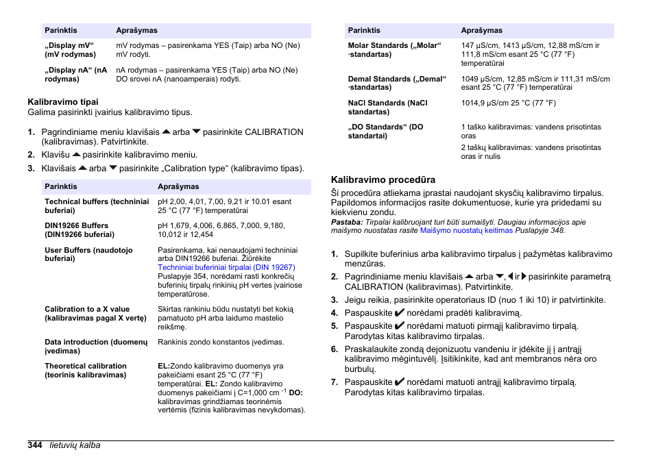 Kalibravimo tipai, Kalibravimo procedūra | Hach-Lange SENSION+ MM378 User Manual | Page 344 / 520