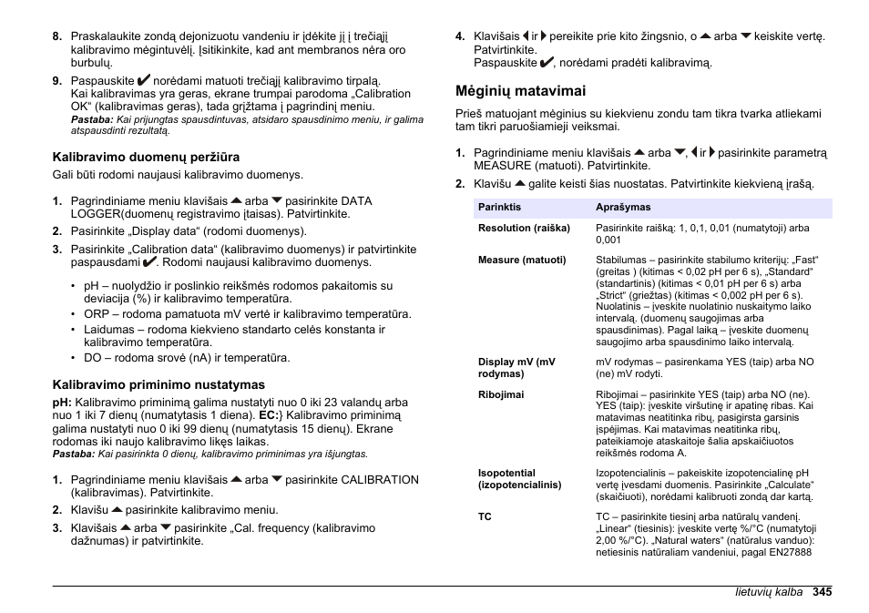 Kalibravimo duomenų peržiūra, Kalibravimo priminimo nustatymas, Mėginių matavimai | Hach-Lange SENSION+ MM378 User Manual | Page 345 / 520