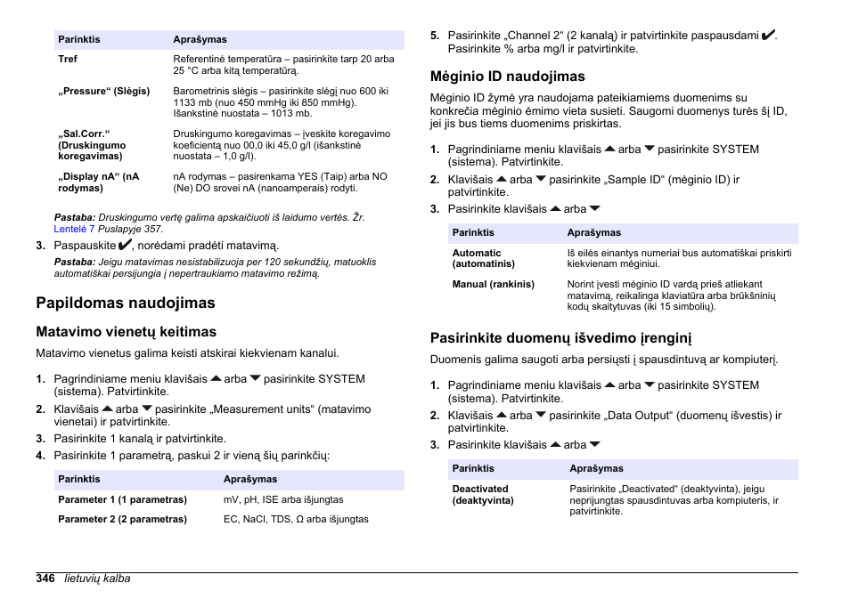 Papildomas naudojimas, Matavimo vienetų keitimas, Mėginio id naudojimas | Pasirinkite duomenų išvedimo įrenginį | Hach-Lange SENSION+ MM378 User Manual | Page 346 / 520