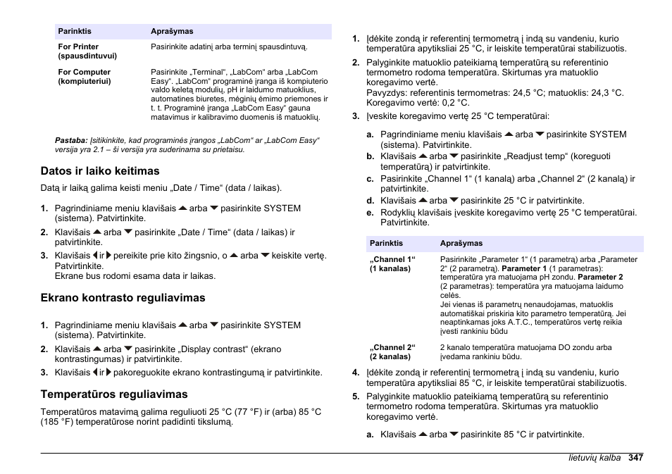 Datos ir laiko keitimas, Ekrano kontrasto reguliavimas, Temperatūros reguliavimas | Hach-Lange SENSION+ MM378 User Manual | Page 347 / 520