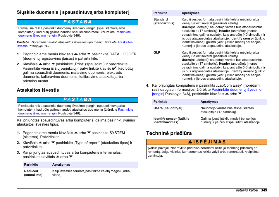 Siųskite duomenis į spausdintuvą arba kompiuterį, Ataskaitos išvestis, Techninė priežiūra | Hach-Lange SENSION+ MM378 User Manual | Page 349 / 520
