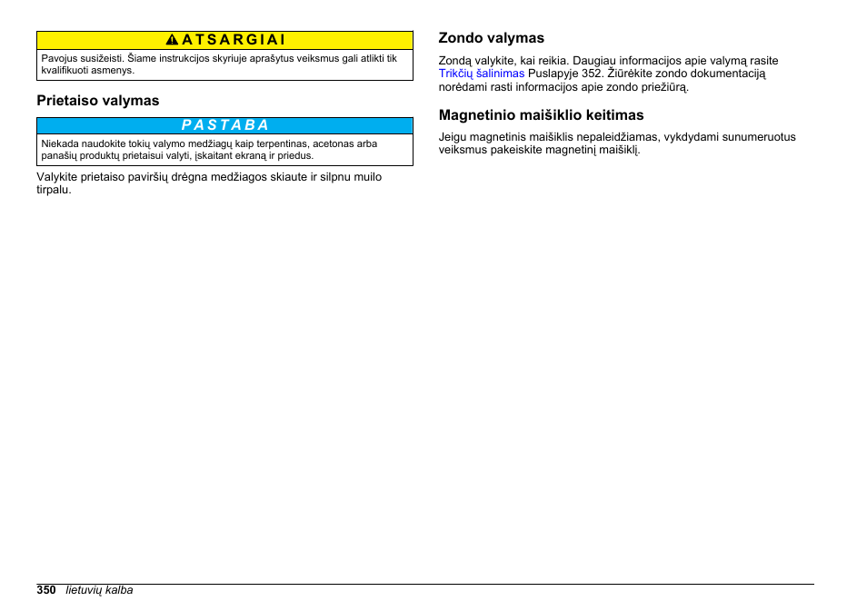 Prietaiso valymas, Zondo valymas, Magnetinio maišiklio keitimas | Hach-Lange SENSION+ MM378 User Manual | Page 350 / 520