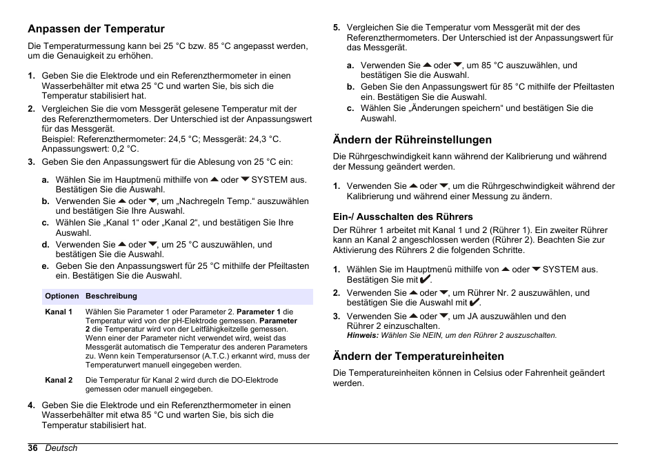 Anpassen der temperatur, Ändern der rühreinstellungen, Ein-/‍ ausschalten des rührers | Ändern der temperatureinheiten | Hach-Lange SENSION+ MM378 User Manual | Page 36 / 520